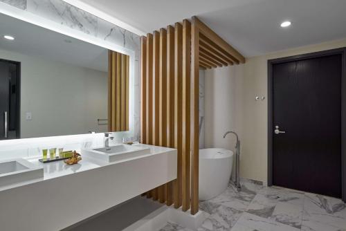 uma casa de banho com um lavatório, uma banheira e um espelho. em Hilton Des Moines Downtown em Des Moines