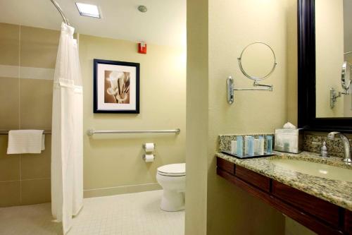 a bathroom with a toilet and a sink with a mirror at Hilton Orlando Lake Buena Vista - Disney Springs™ Area in Orlando