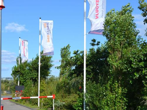 three flags on poles on a road with trees at Bungalow in 's-Gravenzande with Nautical Charm in 's-Gravenzande