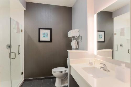 La salle de bains est pourvue de toilettes, d'un lavabo et d'un miroir. dans l'établissement Fairfield Inn & Suites by Marriott Wichita Falls Northwest, à Wichita Falls