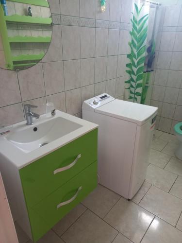 baño con lavabo verde y blanco y aseo en Villa Gabève: Location F3, Bas de Villa, en Rivière-Pilote