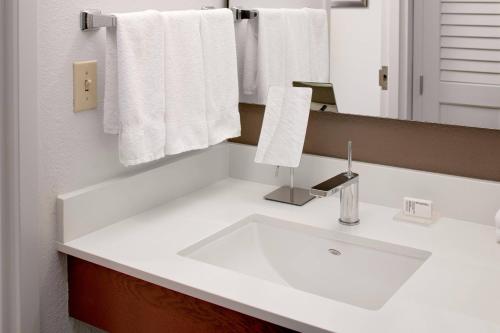La salle de bains est pourvue d'un lavabo blanc et d'un miroir. dans l'établissement Courtyard by Marriott Houston Rice University, à Houston