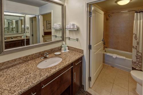 a bathroom with a sink and a toilet and a mirror at Residence Inn Norfolk Downtown in Norfolk