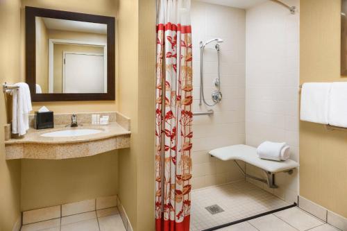 La salle de bains est pourvue d'un lavabo et d'une douche. dans l'établissement Courtyard Boston-South Boston, à Boston