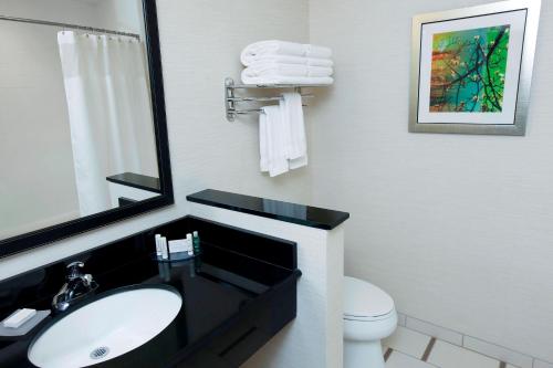 La salle de bains est pourvue d'un lavabo, de toilettes et d'un miroir. dans l'établissement Fairfield Inn & Suites by Marriott Omaha Papillion, à Papillion