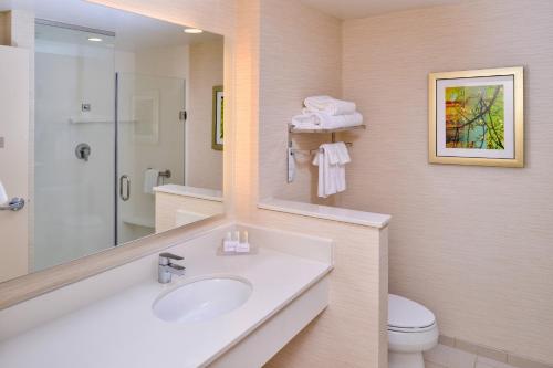 a bathroom with a sink and a toilet and a mirror at Fairfield Inn & Suites by Marriott Plymouth White Mountains in Plymouth