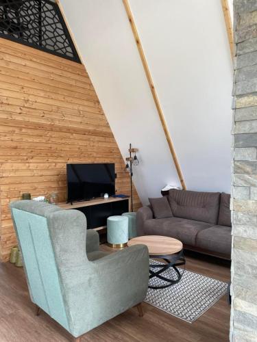 a living room with a couch and a tv at Crna Ovca Lopatnica in Lopatnica