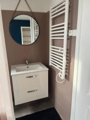 une salle de bain avec un lavabo et un miroir dans l'établissement Appartement « My love », à Sainte-Savine
