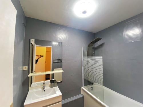 a bathroom with a sink and a mirror at Cosy Roissy for Olympic Games in Roissy-en-France
