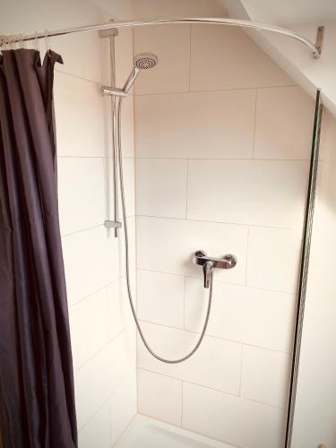 a shower with a shower curtain in a bathroom at Mikroapartment Leipzig in Leipzig