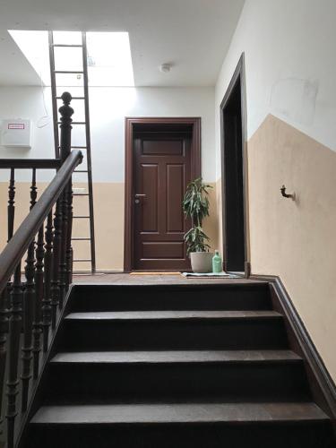 a staircase with a brown door and a potted plant at Mikroapartment Leipzig in Leipzig