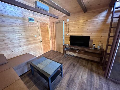 ein Wohnzimmer mit einem Sofa und einem TV in der Unterkunft Tiny House Ada Bojana in Ulcinj