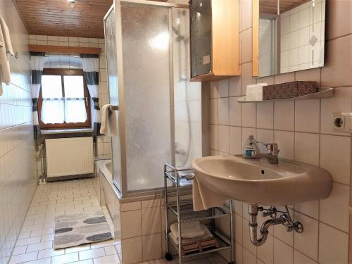 a bathroom with a sink and a shower and a mirror at Gschwandnerhof in Michelsneukirchen