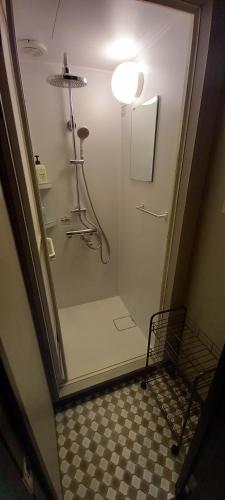 a bathroom with a shower with a light and a checkered floor at Wasabi Mita Hotel in Tokyo