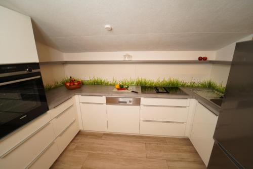 a kitchen with white cabinets and grass on the counter at Ferienwohnungen Hinterholzer in Sankt Jakob in Haus