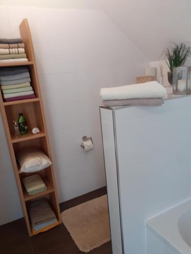 a room with a refrigerator and a shelf with towels at Villa Casa sol-rural residence near Linz in Katsdorf