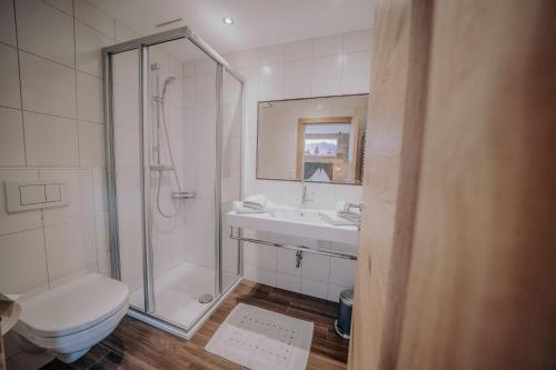ein Bad mit einer Dusche, einem WC und einem Waschbecken in der Unterkunft Frühstückspension Friedheim in Filzmoos