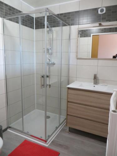 a bathroom with a shower and a sink at Gîte de la Vallée des Dames in Juvigny-sur-Loison