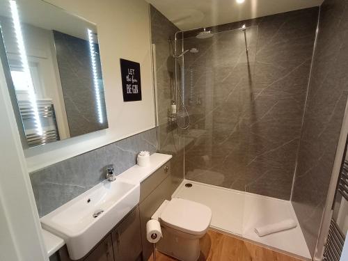 a bathroom with a shower and a toilet and a sink at Breckland Lodge 1 with Hot Tub in Belladrum