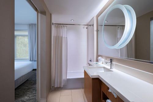 a bathroom with a sink and a mirror at Springhill Suites by Marriott Anaheim Maingate in Anaheim