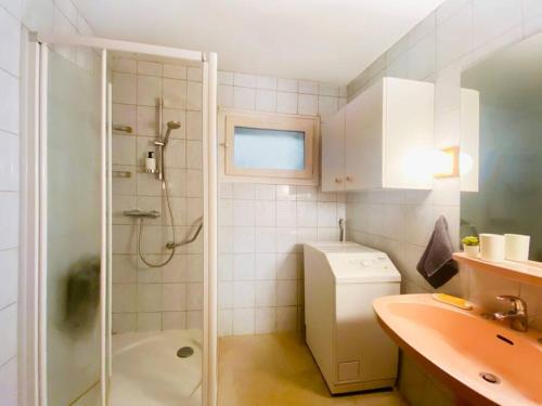 uma casa de banho com um chuveiro, um WC e um lavatório. em Appartement au cœur de La Clusaz (50m des pistes) em La Clusaz