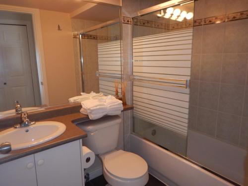y baño con aseo, lavabo y ducha. en Clean Quiet Comfortable suite; Coquitlam Center, en Coquitlam