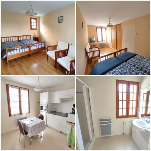 - quatre vues différentes sur une chambre et une salle de bains dans l'établissement Quelques Fleurs, à La Roche-Posay