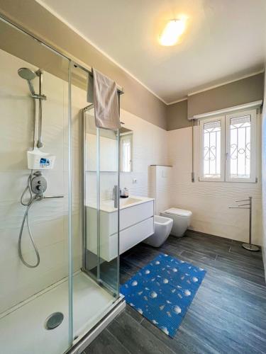 a bathroom with a shower and a sink and a toilet at Villa Cecita Holiday in Sellia Marina
