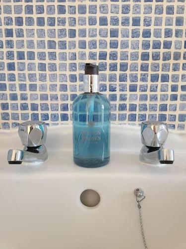 a blue bottle of soap sitting on top of a sink at 2 Bedroom apartment in Brean in Brean