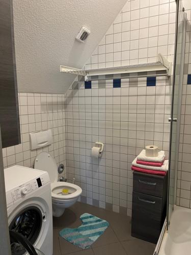 La salle de bains est pourvue d'un lave-linge et de toilettes. dans l'établissement Zimmer zum vermieten direkt an der Donau und am Schloss, à Neubourg-sur-le-Danube