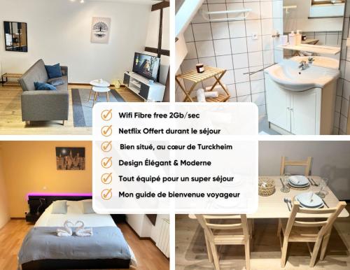 uma colagem de fotos de uma sala de estar e uma casa de banho em L'authentique - duplex route des vins - Free Wifi em Turckheim