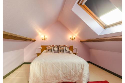 a attic bedroom with a bed and a skylight at Le tiki beach in Buchères