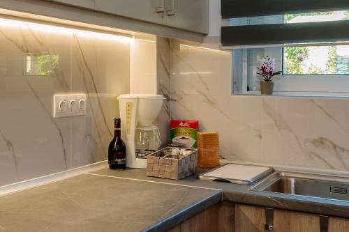a kitchen counter with a mixer and a bottle of wine at Michaela's Apartment in Koskinou