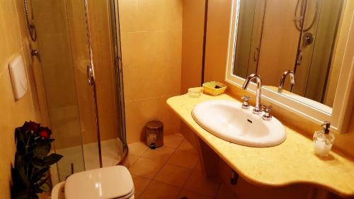 a bathroom with a sink and a shower and a toilet at Palazzo Zimatore Residenza D'Epoca in Pizzo