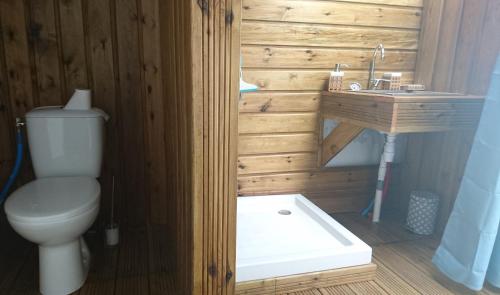a bathroom with a white toilet and a sink at La Minaude in Saint-Denis