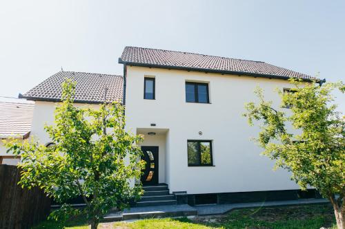 a white house with trees in front of it at The Home Sweet Home Studio Apartment in Gheorgheni