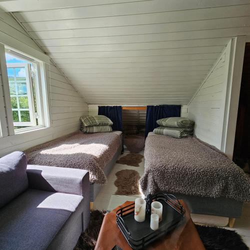 a attic room with two beds and a couch at Bjørnebu- Ski in-ski out in Kvam