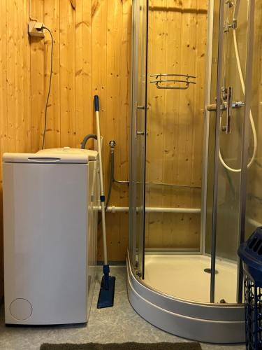 a shower with a glass door next to a toilet at Bestefarhuset in Hakkstabben