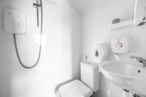 a bathroom with a shower and a toilet and a sink at Delny Glamping and Farm Animals in Invergordon