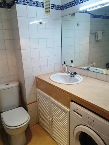 een badkamer met een wastafel, een toilet en een spiegel bij Torneo Life Tranquilo en el centro in Sevilla