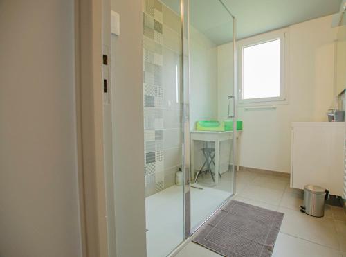 a bathroom with a glass shower with a sink at Le gite des deux familles in Chauffour-lès-Bailly