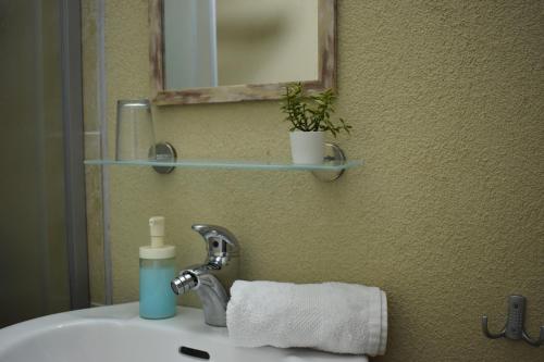 w łazience znajduje się umywalka z lustrem i ręcznik. w obiekcie B&B apartments w mieście Star Dojran