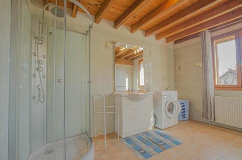ein Badezimmer mit einer Dusche, einem Waschbecken und einer Waschmaschine in der Unterkunft Au logis des lacs in Piney