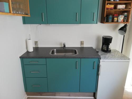 a kitchen with blue cabinets and a sink at Centrum Aarhus in Aarhus