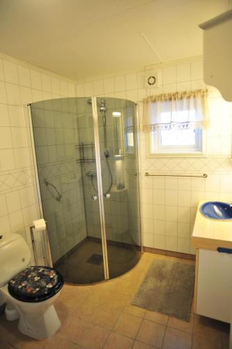 a bathroom with a shower and a toilet at Fredelig med naturskjønn omgivelse, midt i Lofoten in Jerstad
