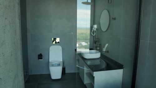 a bathroom with a toilet and a sink and a mirror at Hotel Nobilis Hall in K'obulet'i
