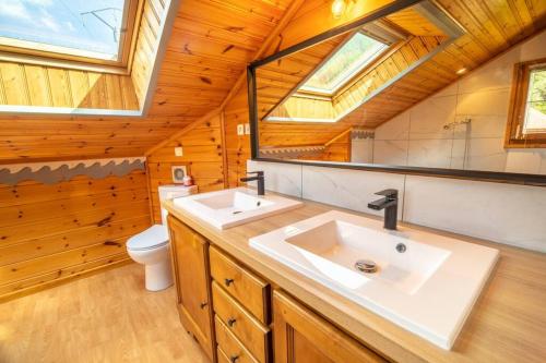 a bathroom with a white sink and a toilet at Le Chant du Ruisseau SPA - Sauna in Le Tholy