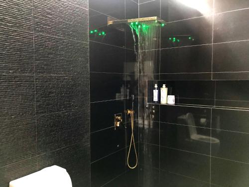 a shower with green lights in a black bathroom at MeeTHan House in Chiang Mai