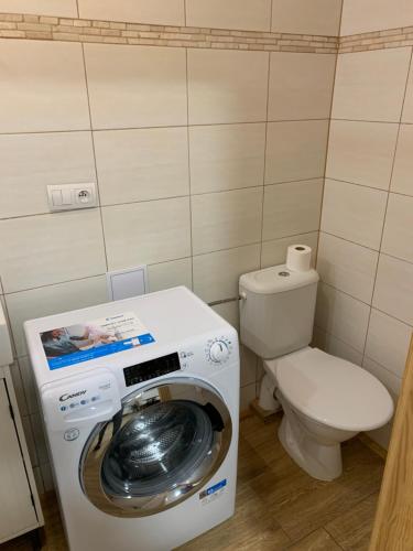 a bathroom with a washing machine and a toilet at Apartmány na Vršku in Plzeň