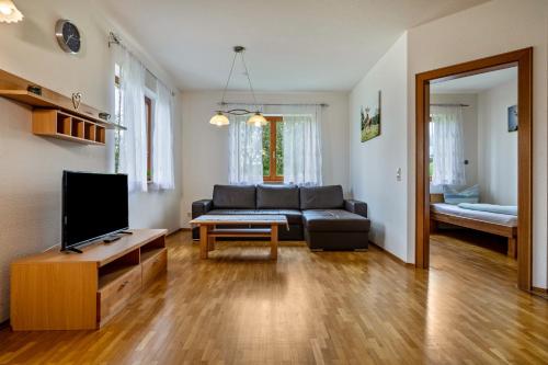 a living room with a couch and a tv at Drei-Mädelhaus Ambs Wohnung 2 in Gornhofen